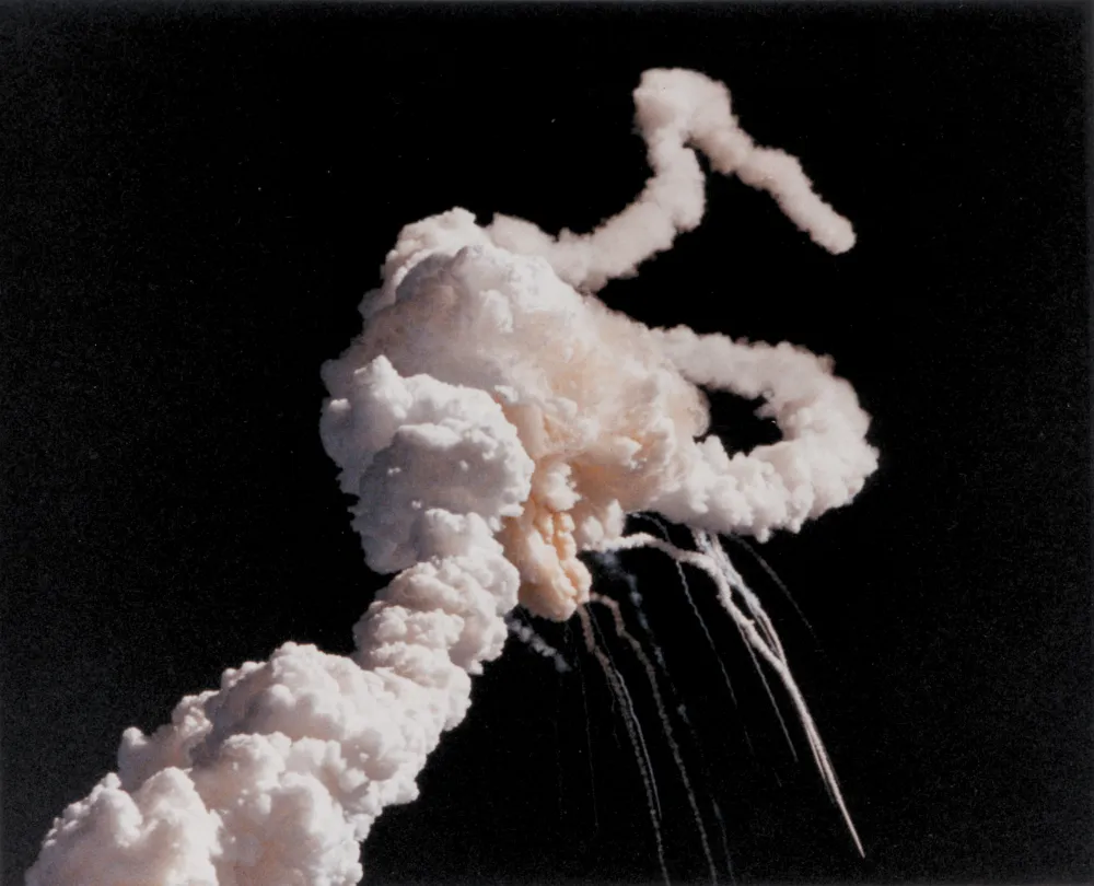 Space Shuttle Challenger breaking apart shortly after launch